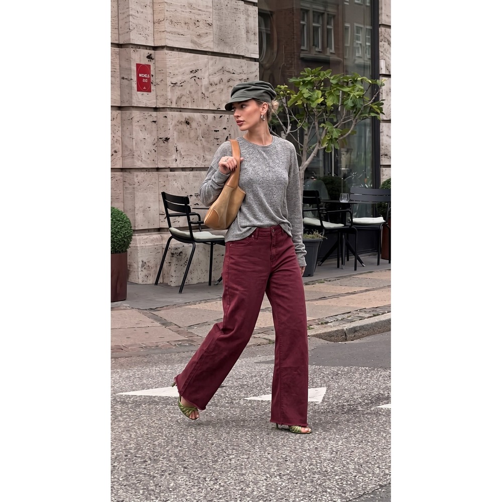 Altar'd State Womens 32 Maroon High Rise Wide Leg Raw Hem Mica Denim Jeans